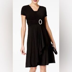 R & M Richards ~ Black Jersey Dress Faux Wrap A-Line Party Dress